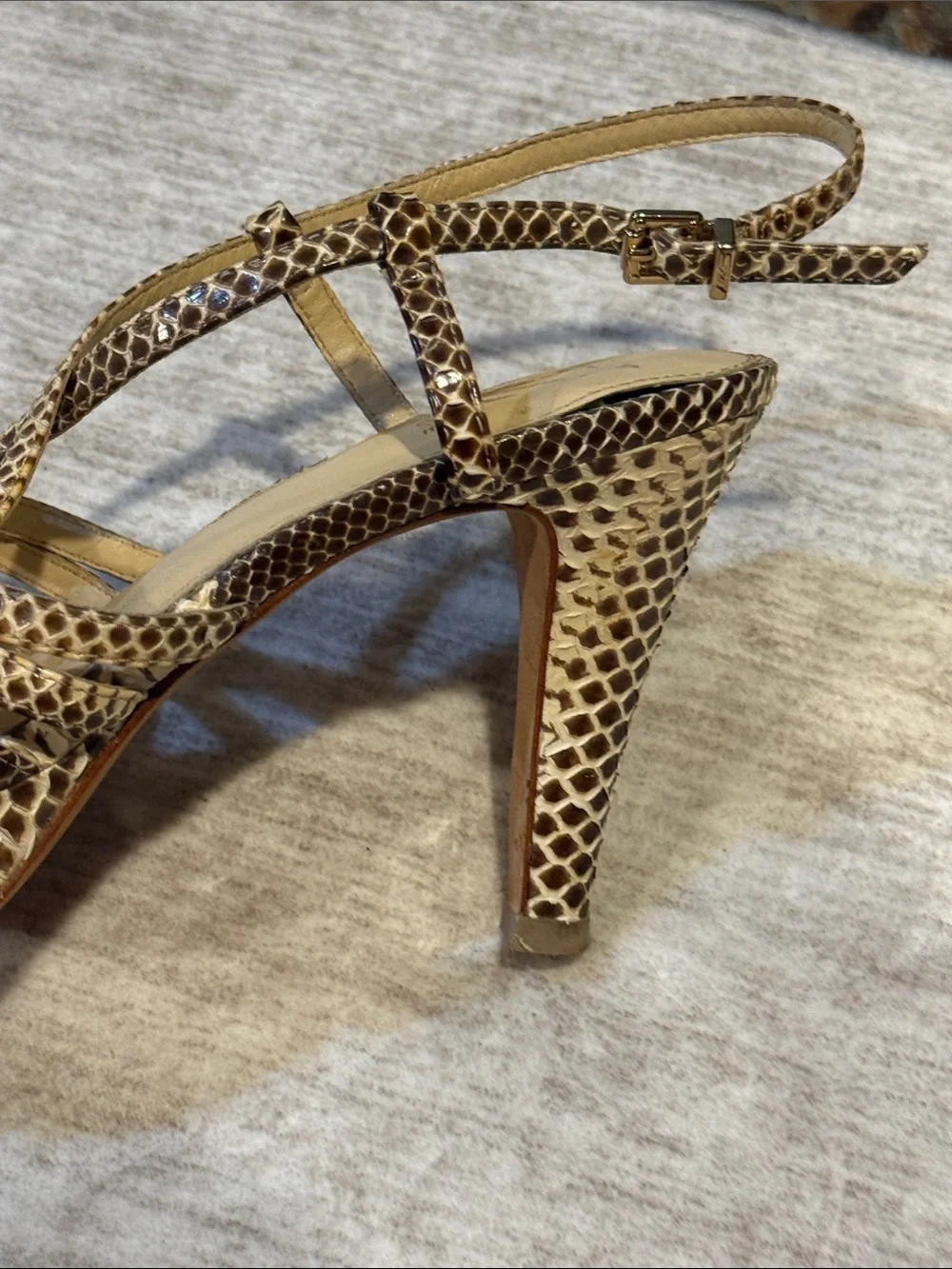 Women’s 7.5 Snake-Print Strappy Heels in Brown and Tan with platform